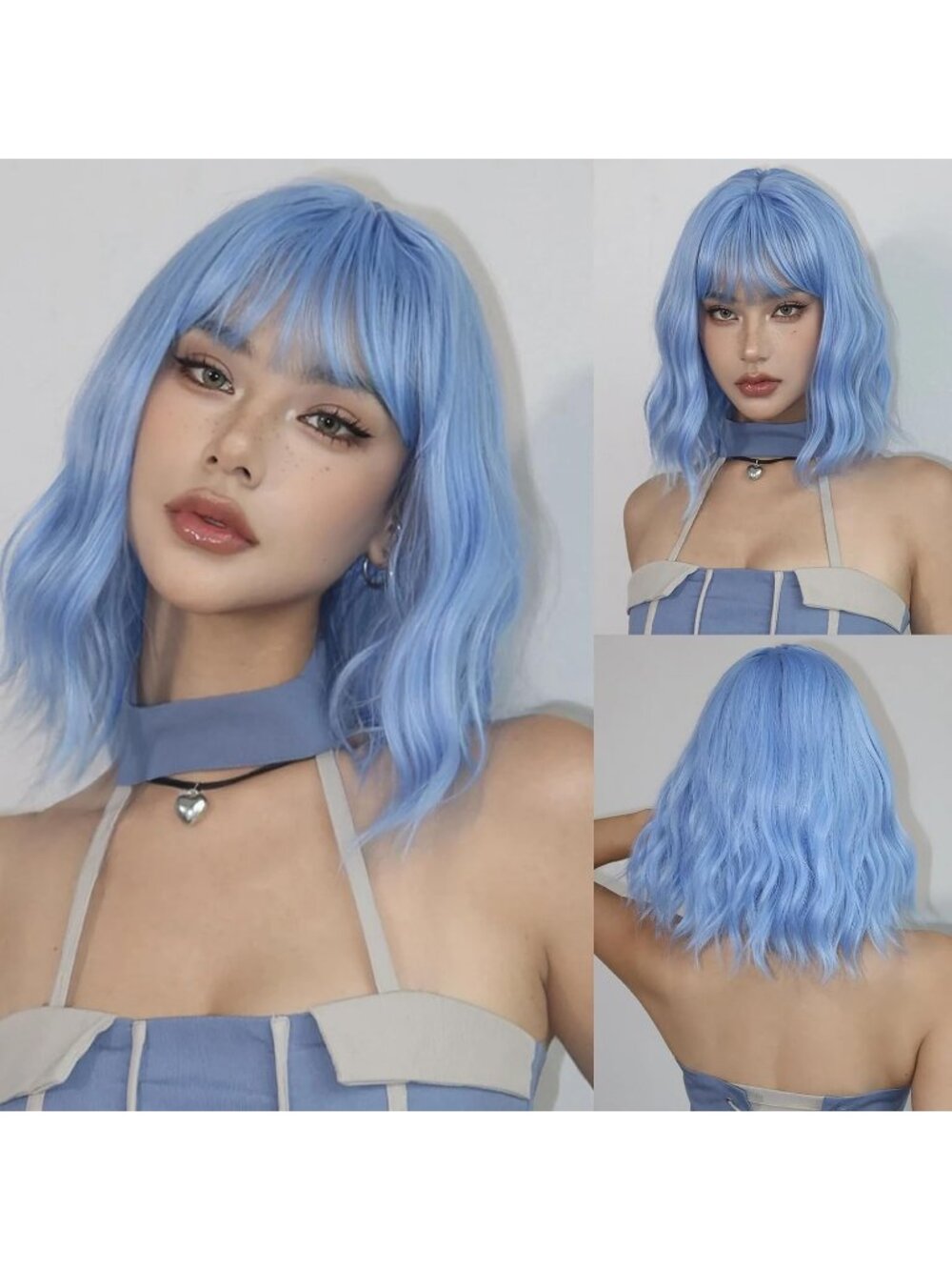 Women's Light Blue 14 Inch Short Shoulder Length Synthetic Bangs Wavy Bob Wig